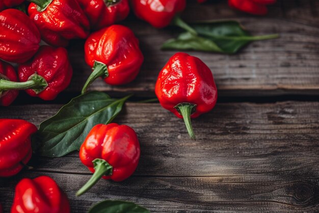 Foto un montón de pimientos rojos con hojas en una mesa de madera