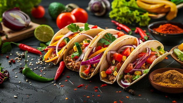 un montón de pimientos de taco y pimientos están en una mesa