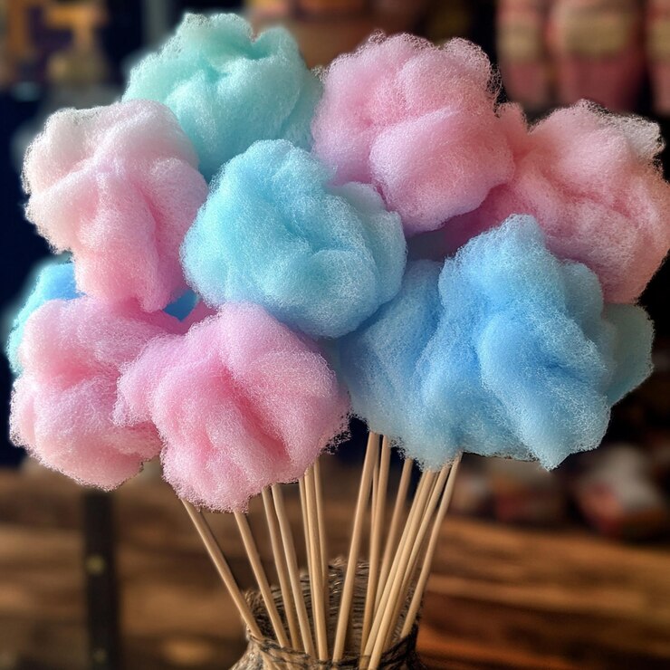 Foto un montón de piruletas están en un jarrón con flores rosas y azules