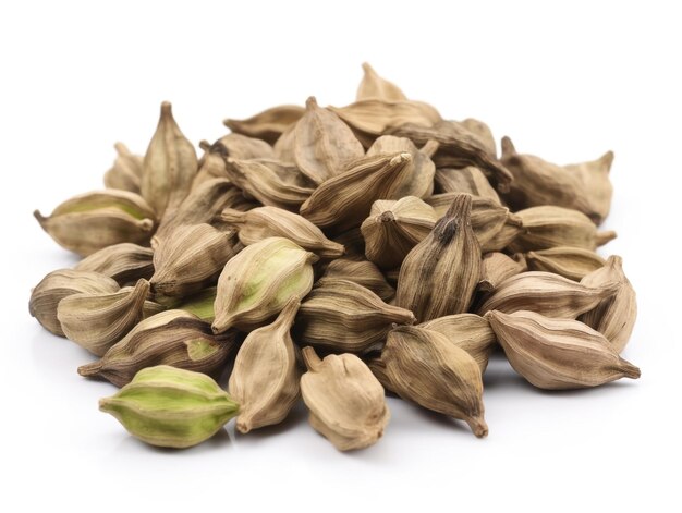 Un montón de pistachos secos sobre un fondo blanco.