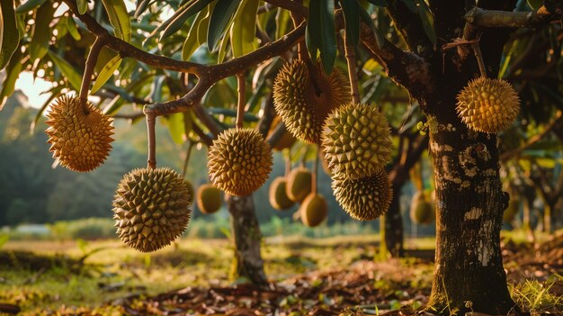 Foto un montón de plátanos colgando de un árbol con las palabras durian en él