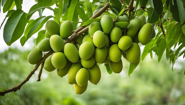 Foto un montón de plátanos verdes colgando de un árbol