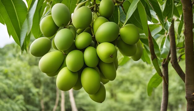 Foto un montón de plátanos verdes colgando de un árbol