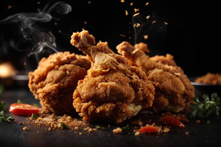 Un montón de pollo picante frito en un fondo oscuro Foto promocional comercial