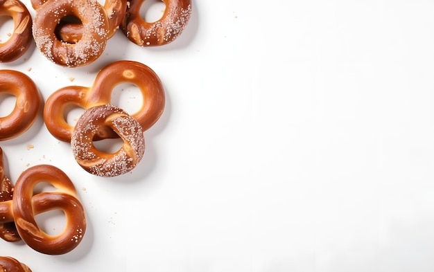 Un montón de pretzels sobre un fondo blanco.