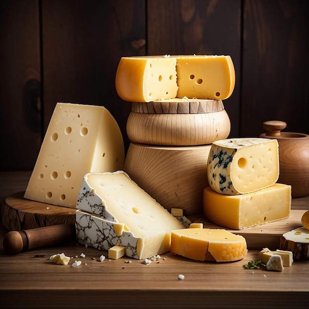 Un montón de queso delicioso sobre una mesa de madera y un fondo de madera