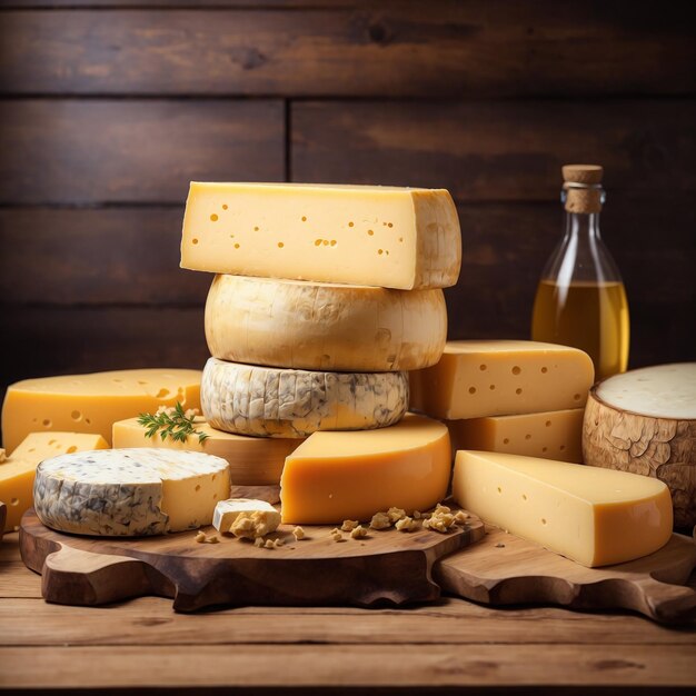 Un montón de queso delicioso sobre una mesa de madera y un fondo de madera