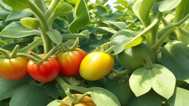 Un montón de racimos con tomates rojos maduros e verdes inmaduros creciendo en el jardín