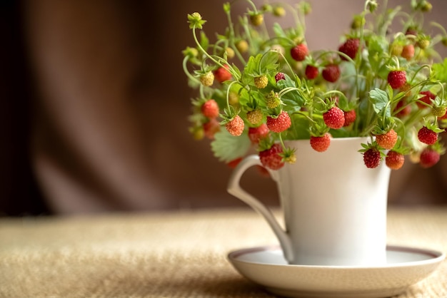 Montón de ramitas de fresas silvestres con bayas rojas maduras en una taza de té blanco ramo de verano de cerca