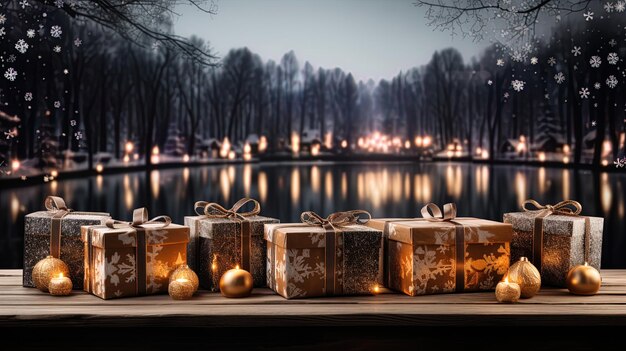 Un montón de regalos de Navidad están en un puente cerca de un lago