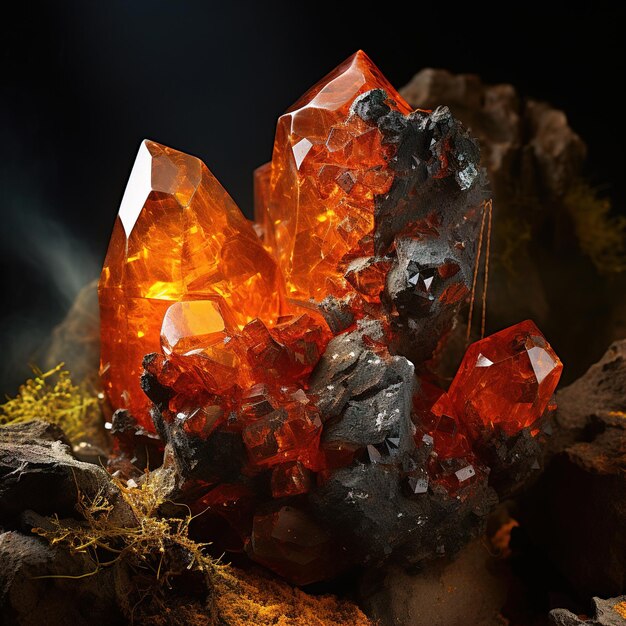 un montón de rocas anaranjadas y negras con un diamante blanco en la parte superior.