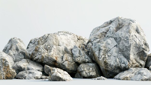 Un montón de rocas grandes y pequeñas aisladas sobre un fondo blanco las rocas son todas de diferentes formas y tamaños y todas son de color gris