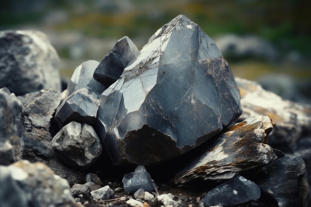 Un montón de rocas negras con un fondo verde.