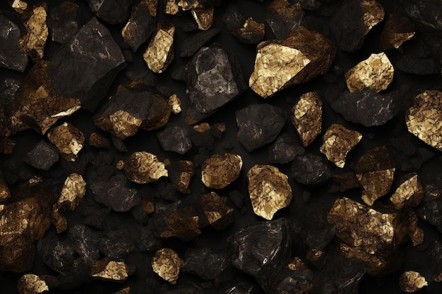 un montón de rocas negras con piedras doradas y negras