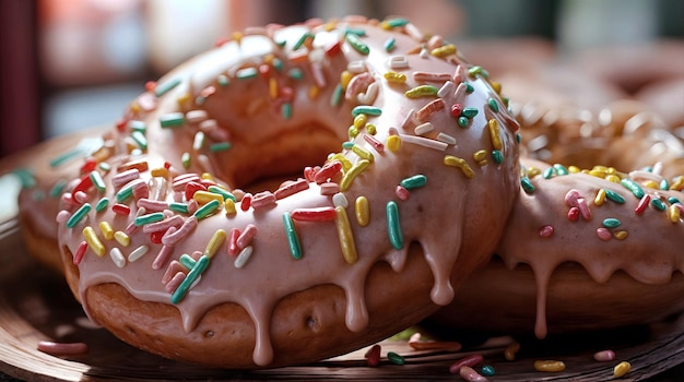 Un montón de rosquillas rosadas heladas salpicadas con azúcar de colores IA generativa