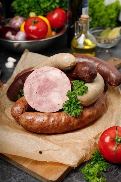 Un montón de salchichas con un plato de verduras sobre la mesa