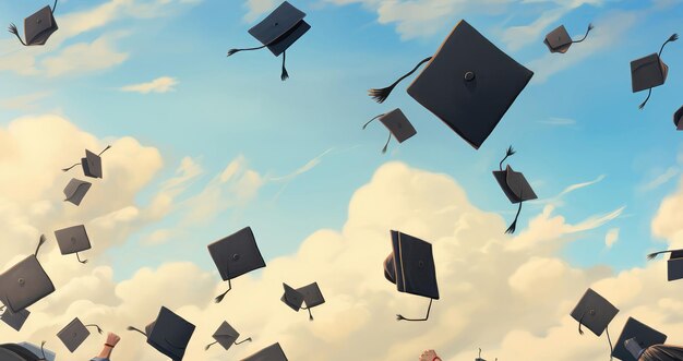 Foto un montón de sombreros de graduación arrojados contra el cielo ia generativa