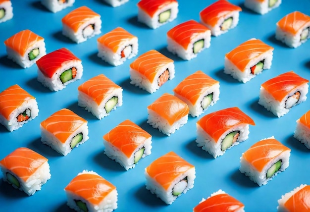 un montón de sushi están alineados en un fondo azul