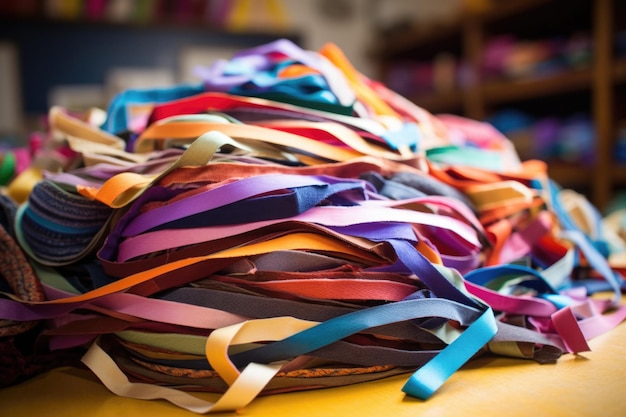 Montón de tiras de tela de colores en la estación de costura