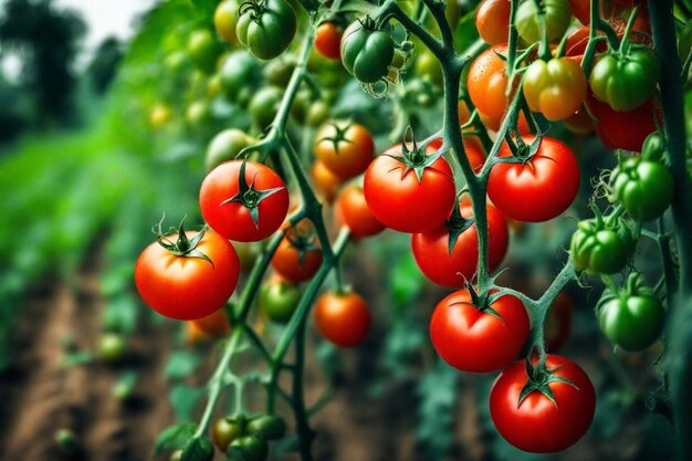 un montón de tomates cereza están creciendo en una vid