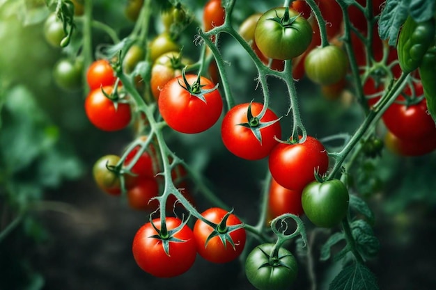 un montón de tomates cereza están creciendo en una vid