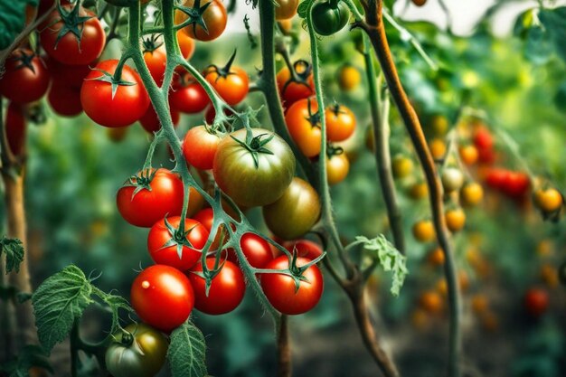 un montón de tomates cereza están creciendo en una vid