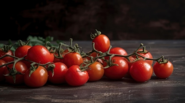 Un montón de tomates cherry en una mesa de madera