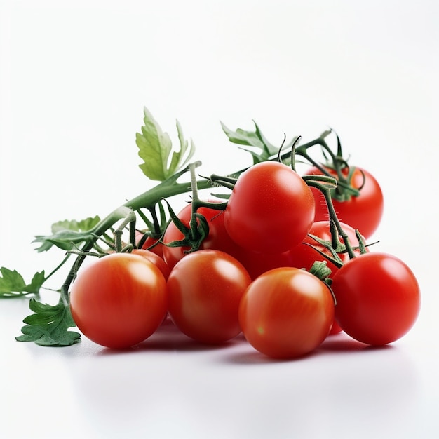 Un montón de tomates están en una vid con un tallo verde.