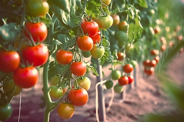 Un montón de tomates están en la vid