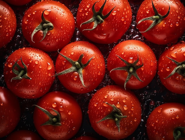 Un montón de tomates con gotas de agua sobre ellos