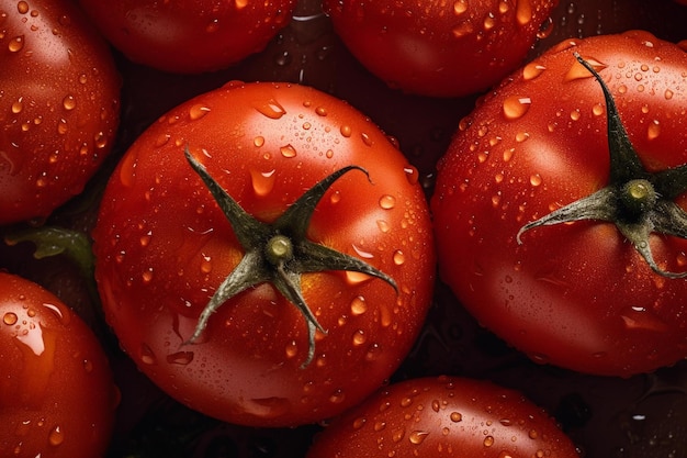 Un montón de tomates con gotas de agua sobre ellos