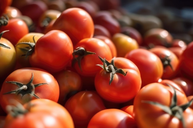 Un montón de tomates del mercado.