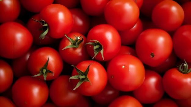 Un montón de tomates se muestran en una cesta.