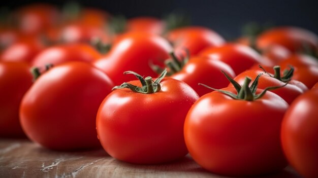 Un montón de tomates rojos frescos maduros en una fila