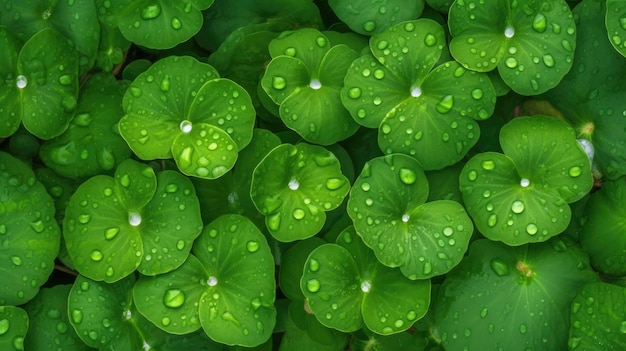 Un montón de tréboles verdes con gotas de lluvia sobre ellos