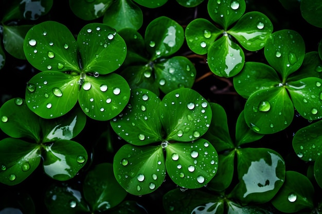 Un montón de tréboles verdes con gotas de lluvia sobre ellos