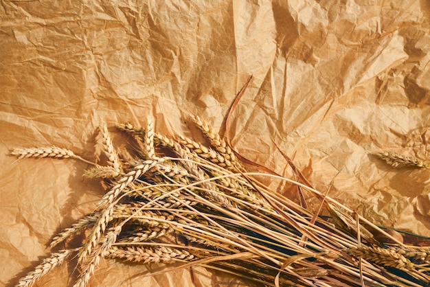 Foto montón de trigo dorado maduro sobre fondo de papel artesanal