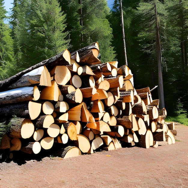 Un montón de troncos se apilan frente a un bosque.