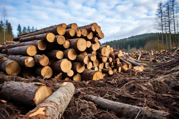 Montón de troncos recién cortados en una zona deforestada