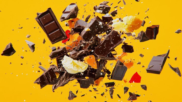 Un montón de trozos de chocolate y naranja sobre un fondo amarillo