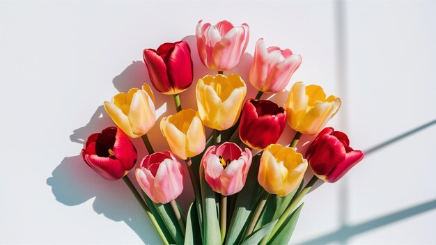 un montón de tulipanes amarillos y rojos con un fondo blanco