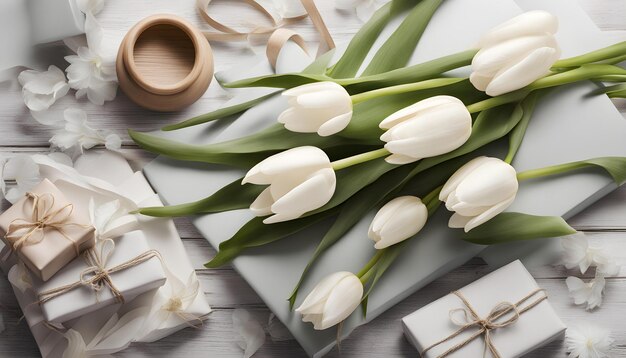 Foto un montón de tulipanes blancos con una tapa de madera en la parte superior de ellos