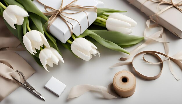 Foto un montón de tulipanes están en una mesa con un reloj en ella