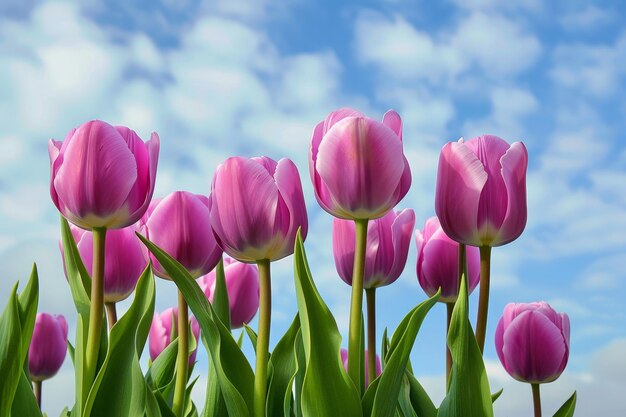 Un montón de tulipanes rosados están en un campo con un cielo azul en el fondo