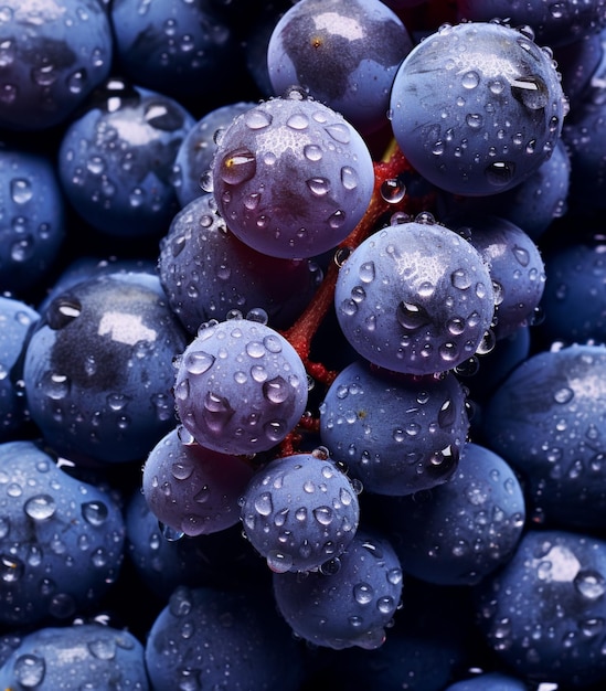 un montón de uvas azules con gotas de agua en ellas