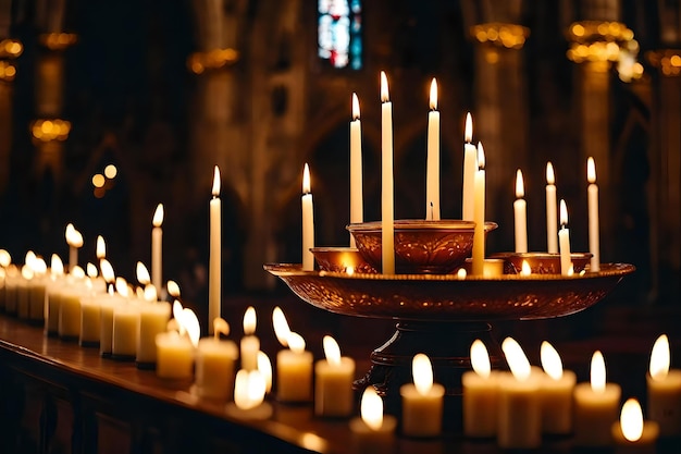 Un montón de velas encendidas en una iglesia.