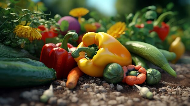 Un montón de verduras con una campana amarilla en la parte inferior.