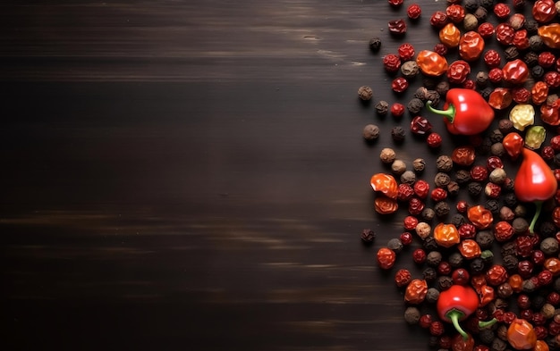 Un montón de verduras de colores sobre un fondo de madera oscura.