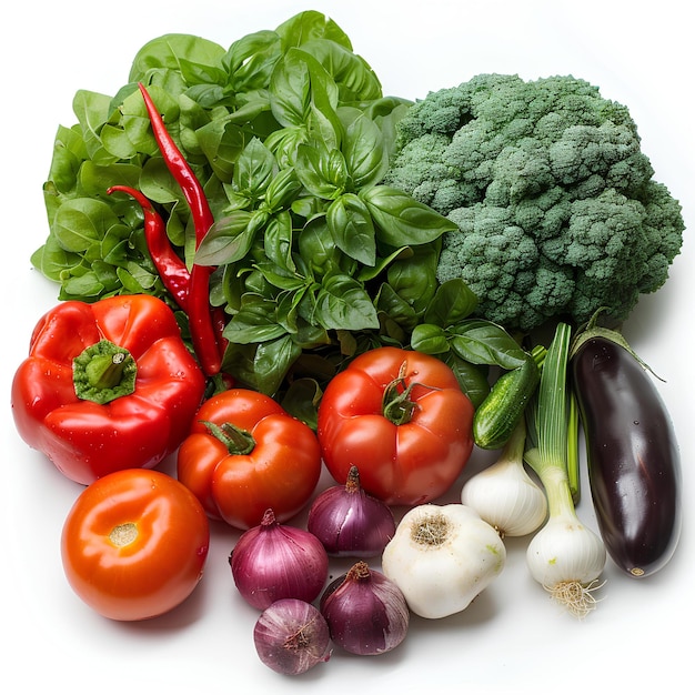 Un montón de verduras están sobre una mesa juntos incluyendo brócoli tomates cebollas y