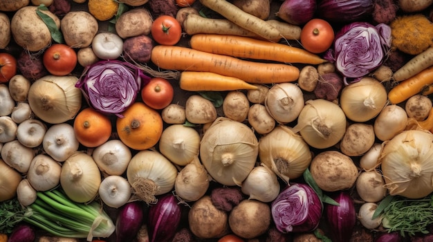 Un montón de verduras, incluidas zanahorias, cebollas, zanahorias, cebollas y otras verduras.